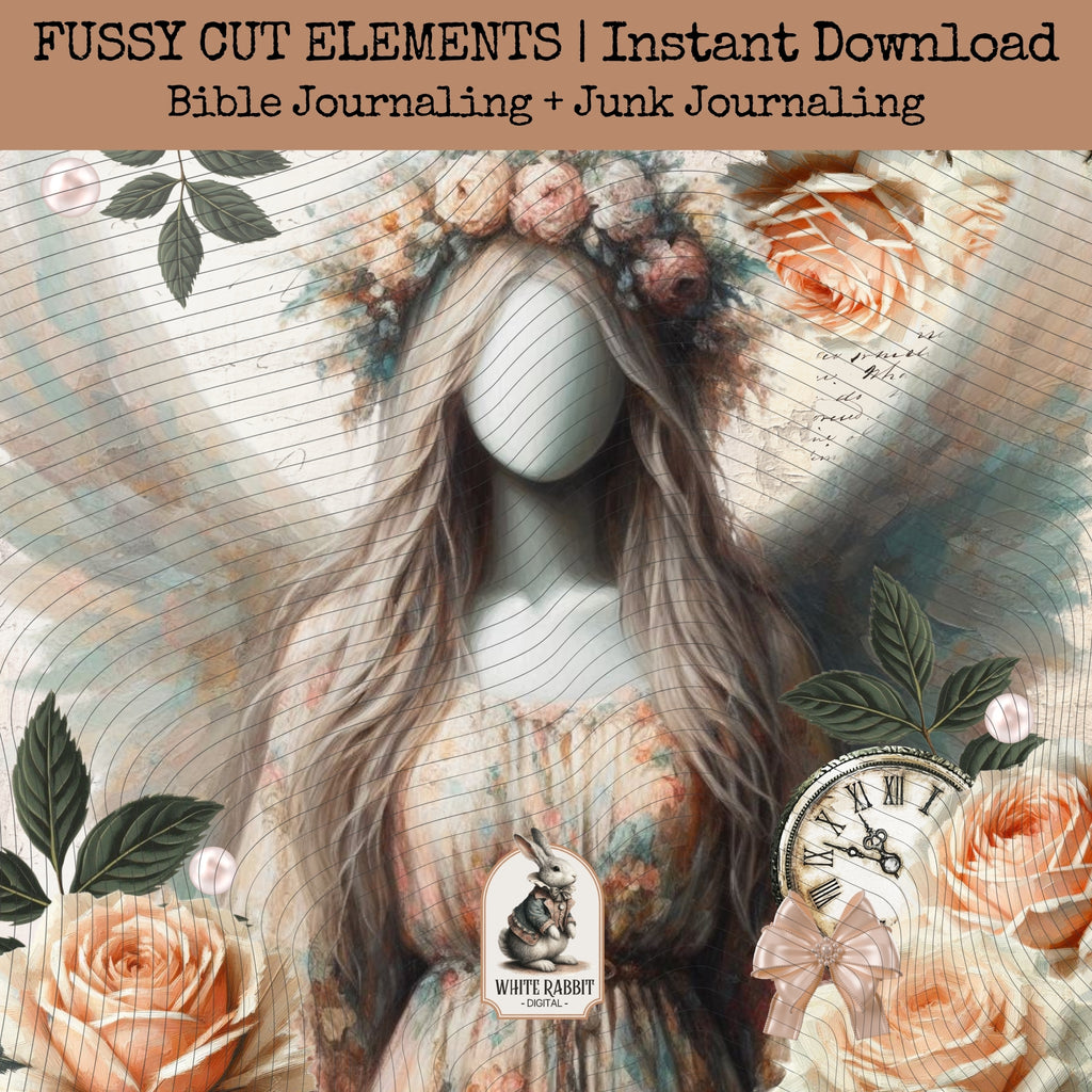 Clip Art - Bible Journaling - Fussy Cut Elements - Junk Journaling - Vintage Peach Roses Faceless Angel