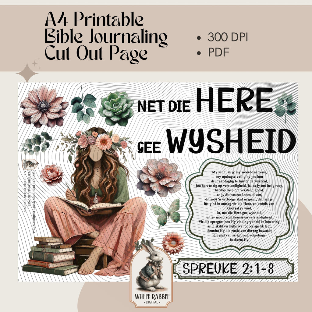 Spreuke 2:1-8 Bible Journal Pages PDF | Afrikaans | Rose Gold & Sage Fussy Cut Elements