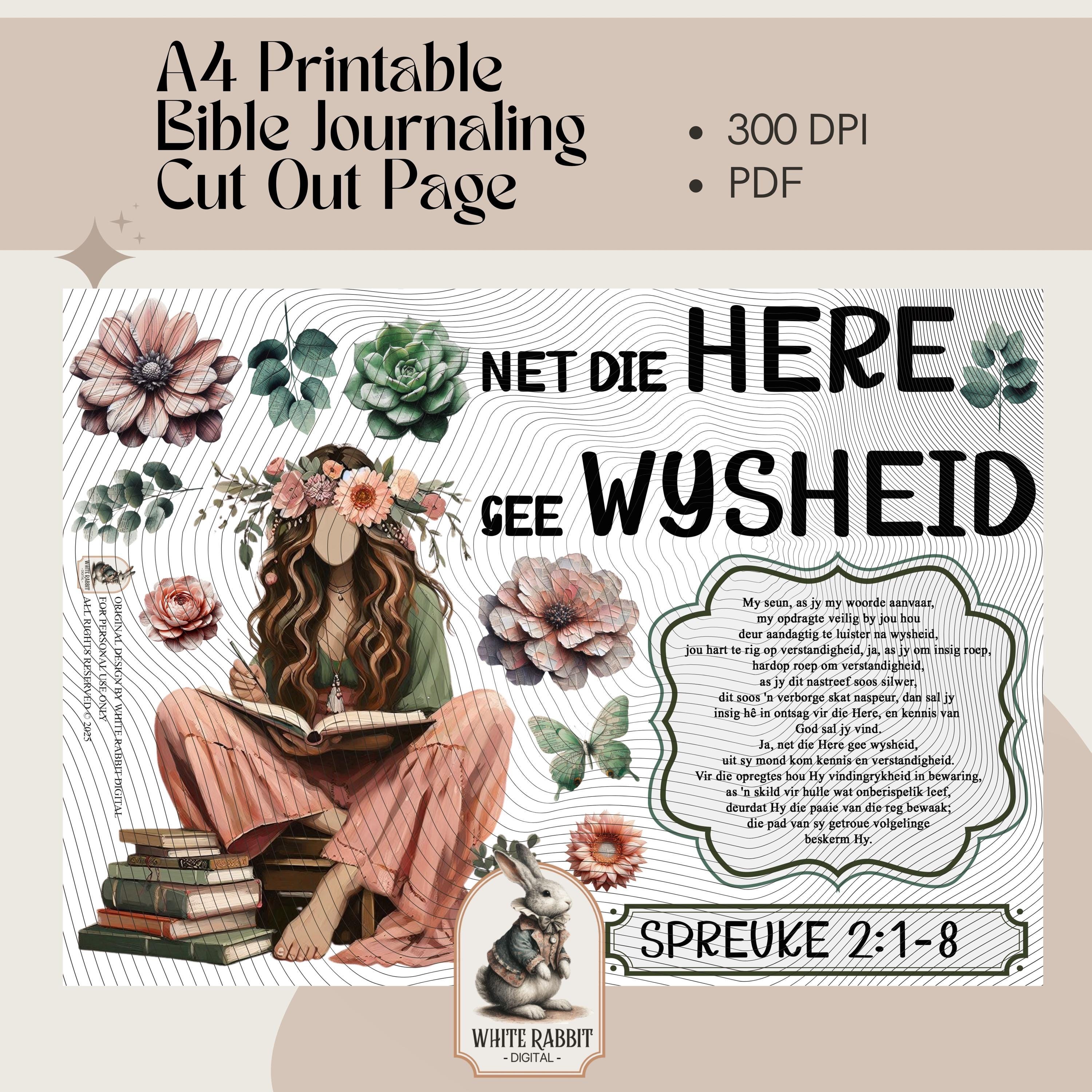 Spreuke 2:1-8 Bible Journal Pages PDF | Afrikaans | Rose Gold & Sage Fussy Cut Elements