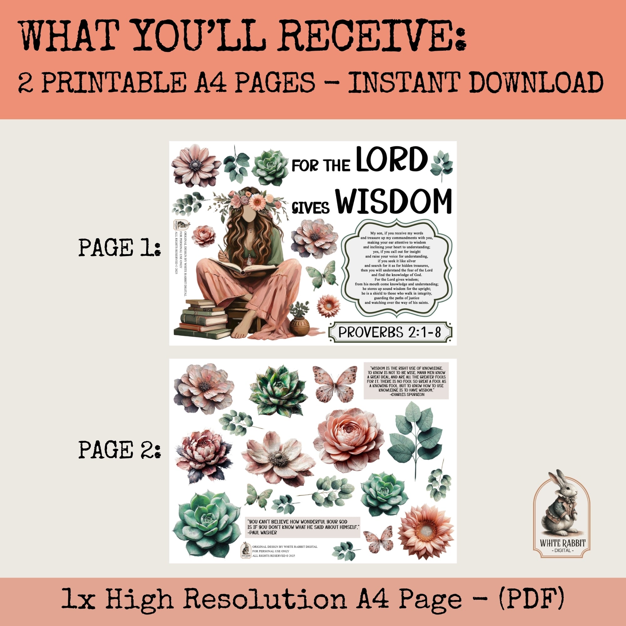 Proverbs 2:1-8 A4 Bible Journaling | Faceless Woman Art | Rose Gold, Sage Printable | Christian