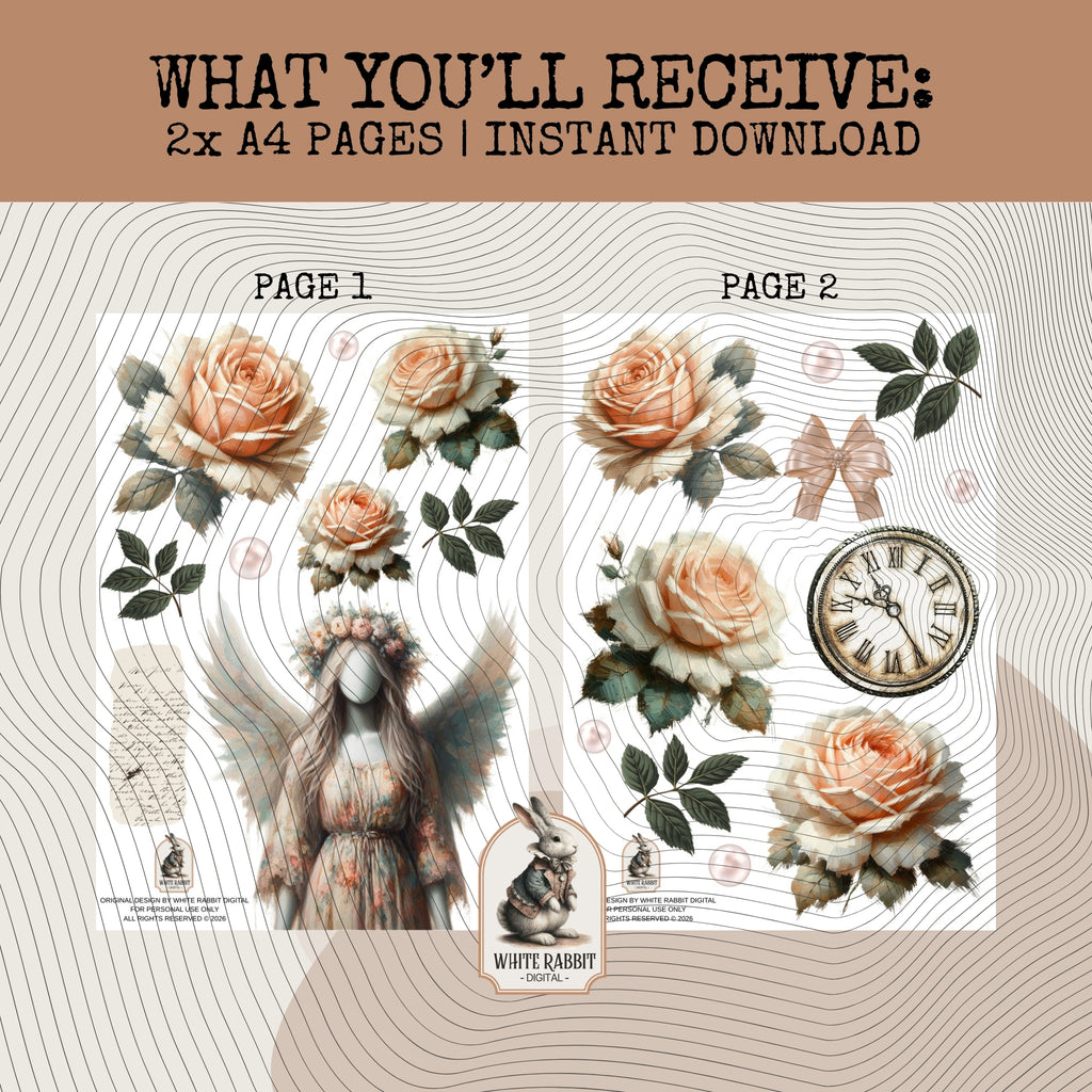 Clip Art - Bible Journaling - Fussy Cut Elements - Junk Journaling - Vintage Peach Roses Faceless Angel