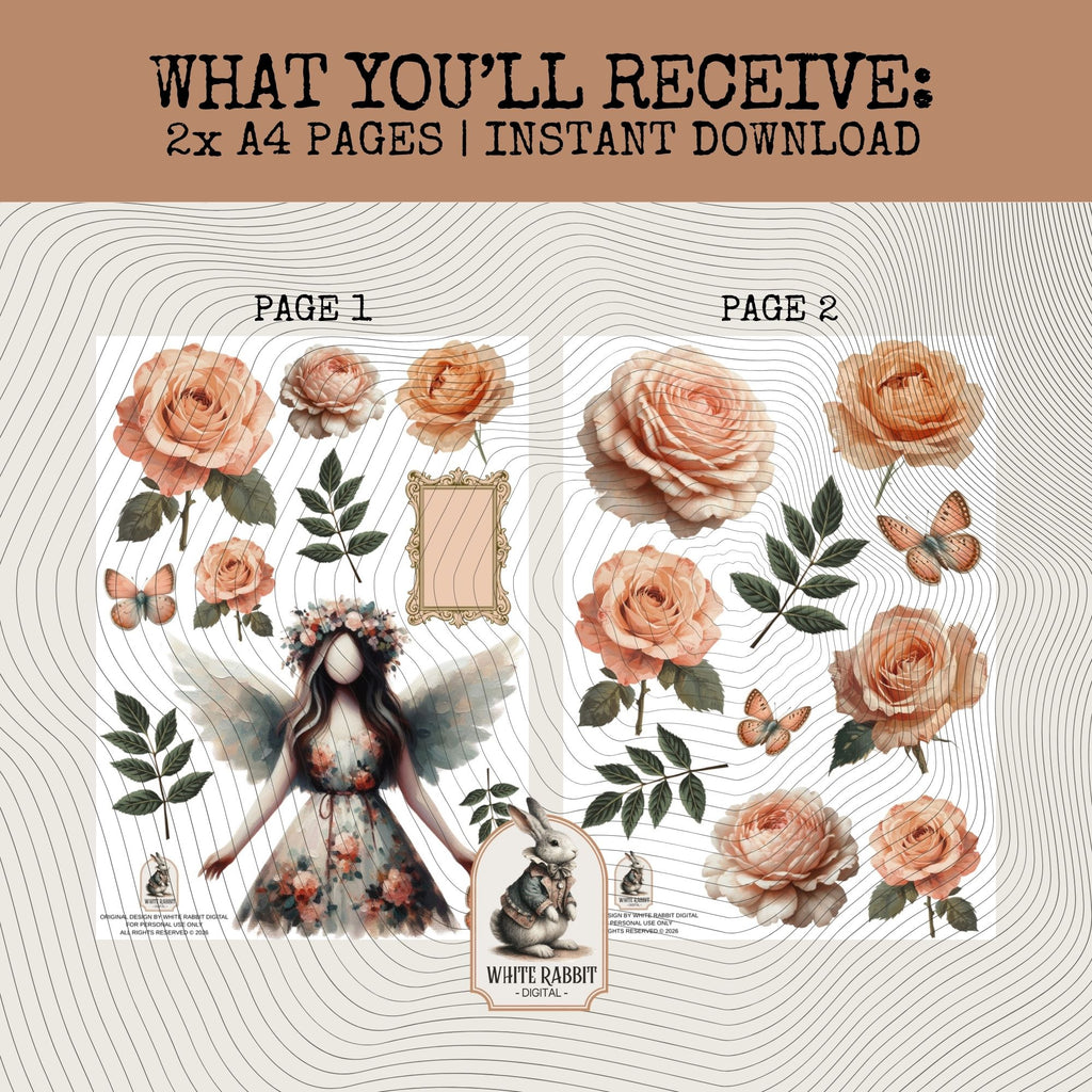 Clip Art for Bible Journaling | Mixed Media & Junk Journaling | Roses Faceless Angel | Instant Download Download