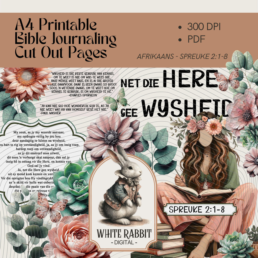 Spreuke 2:1-8 Bible Journal Pages PDF | Afrikaans | Rose Gold & Sage Fussy Cut Elements