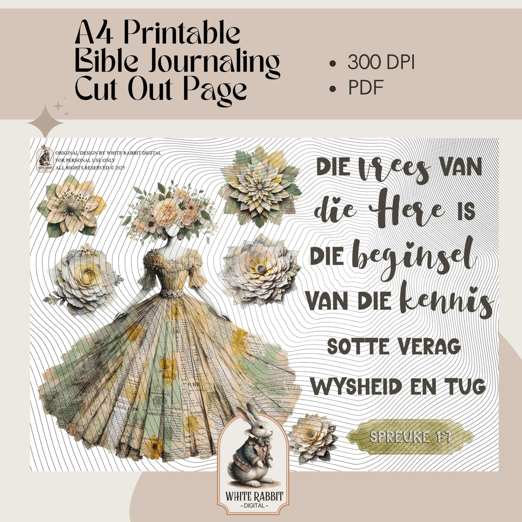 A4 Bible Journaling Printable – Vintage Paper Dress & Floral Cut-Outs – Afrikaans Spreuke 1:7 (PDF)