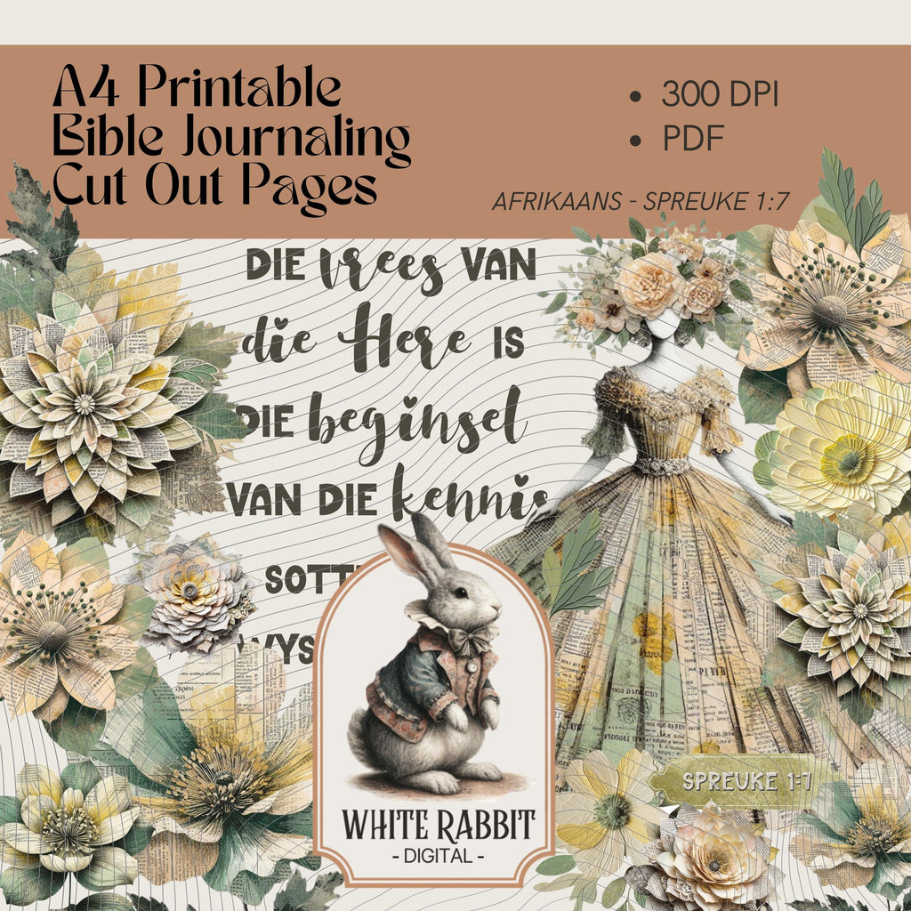 A4 Bible Journaling Printable – Vintage Paper Dress & Floral Cut-Outs – Afrikaans Spreuke 1:7 (PDF)