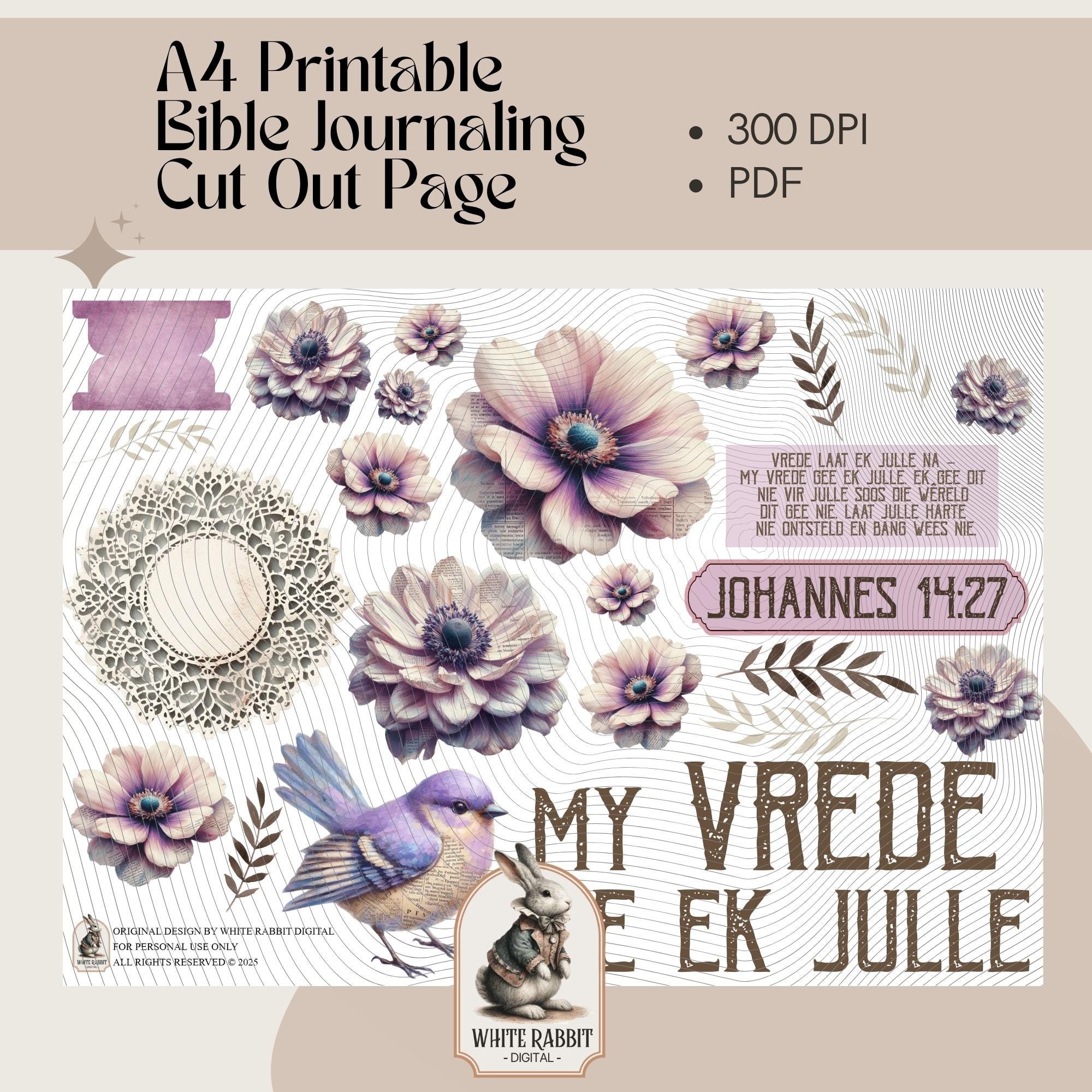 Afrikaans Bible Journal Page | Lilac Flowers, Johannes 14:27 (PDF)
