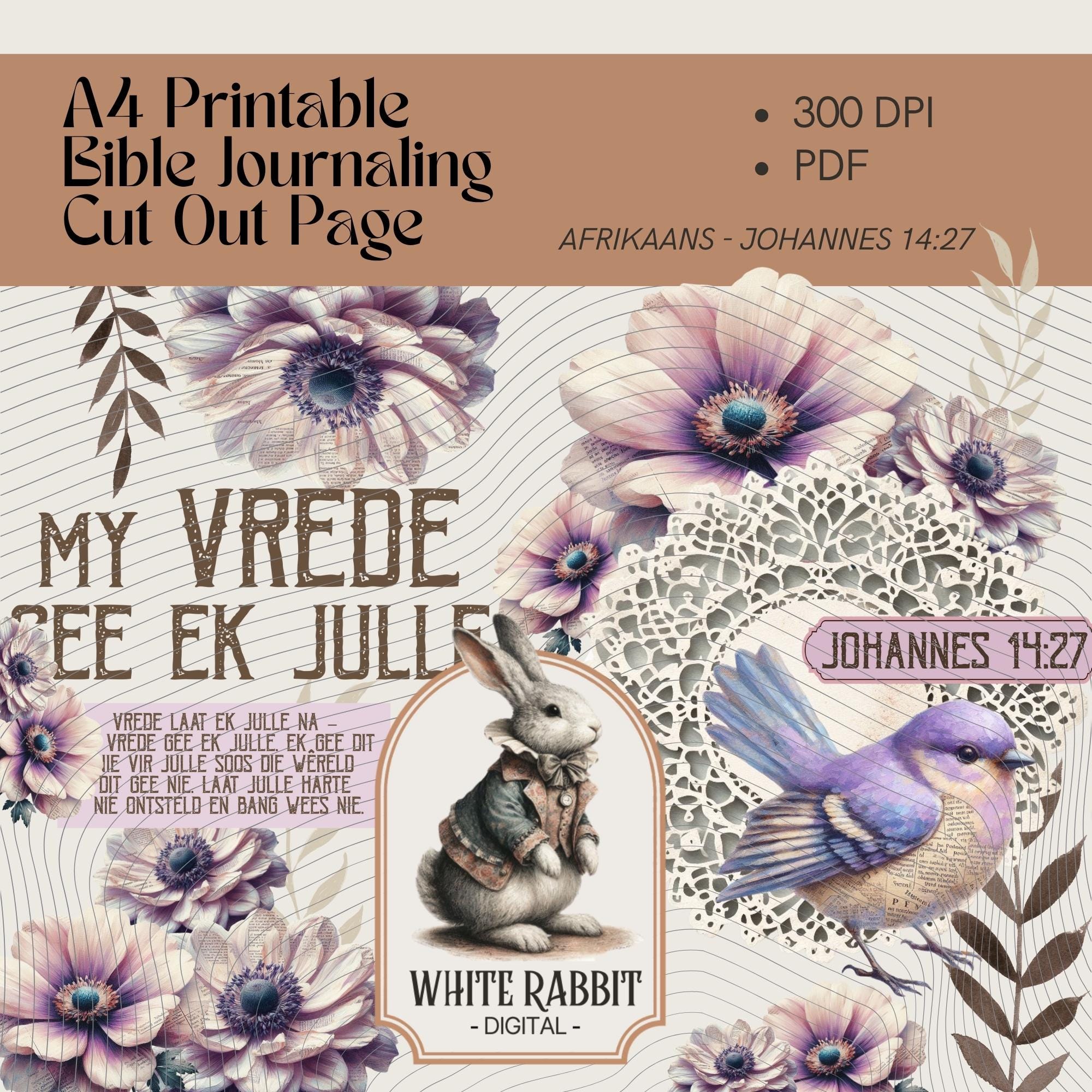 Afrikaans Bible Journal Page | Lilac Flowers, Johannes 14:27 (PDF)