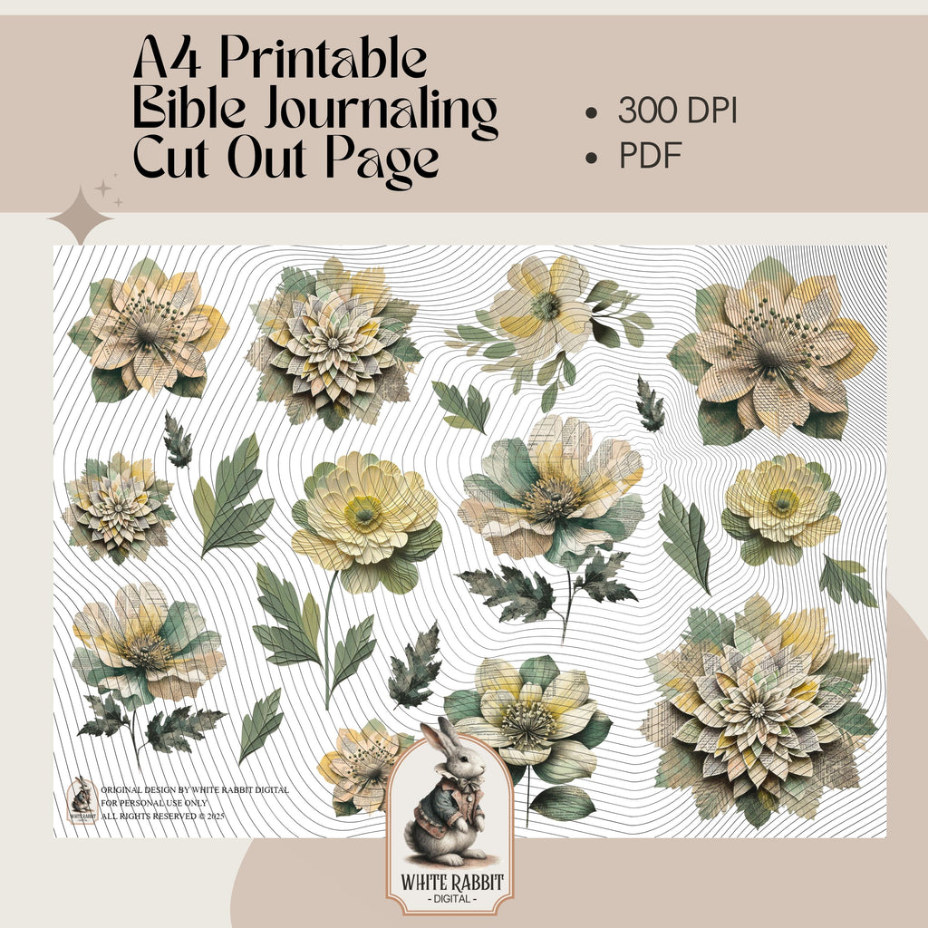 A4 Bible Journaling Printable – Vintage Paper Dress & Floral Cut-Outs – Afrikaans Spreuke 1:7 (PDF)
