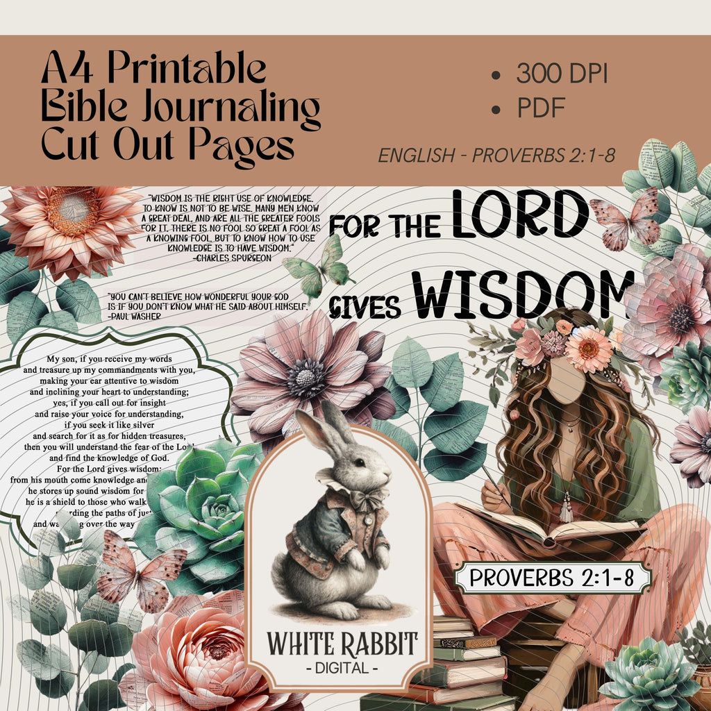 Proverbs 2:1-8 A4 Bible Journaling | Faceless Woman Art | Rose Gold, Sage Printable | Christian