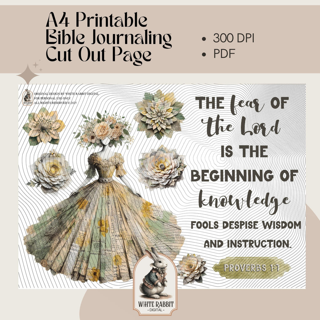 Bible Journaling Printable A4 | Proverbs 1:7 | Vintage Paper Dress & Flower Cut-Outs | (PDF)