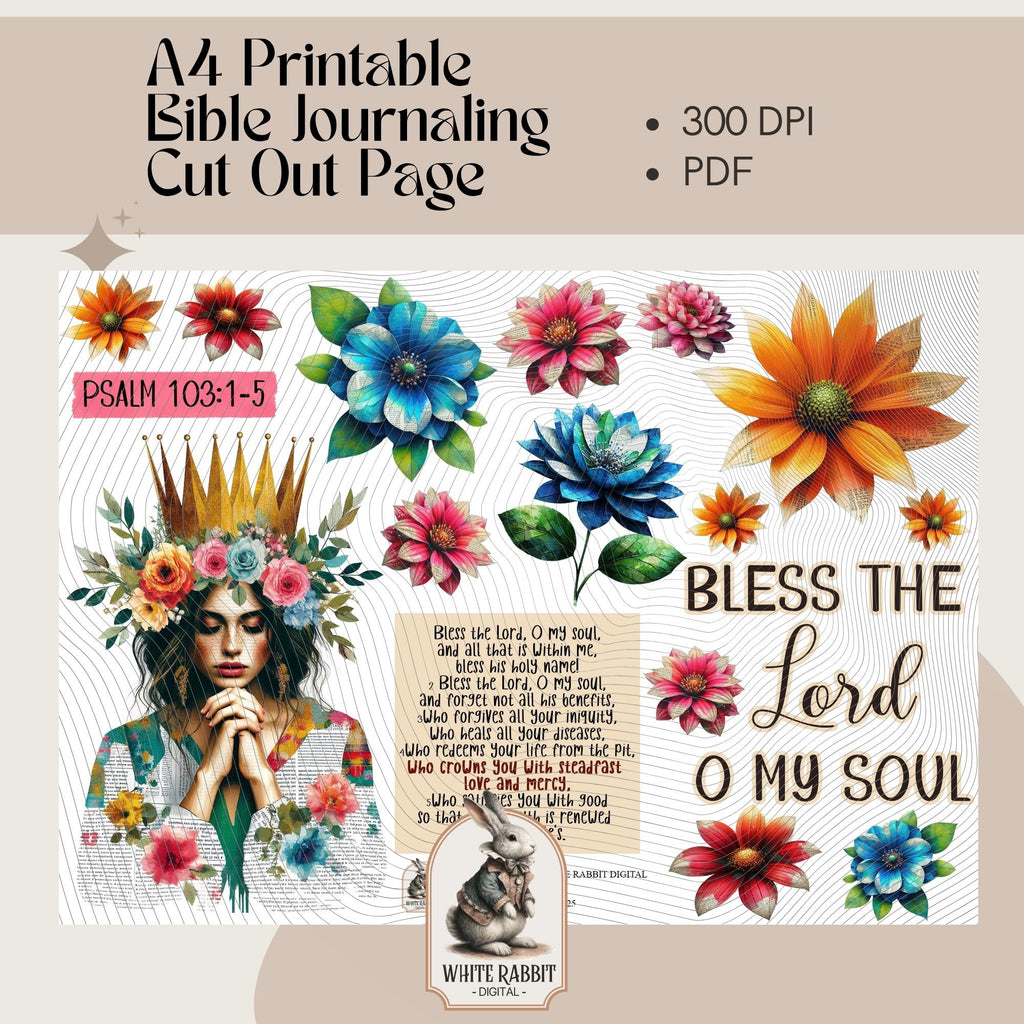 Bible Journaling of Psalm 103:1-5 | Christian Art, Colorful Floral Crown (Digital Download)