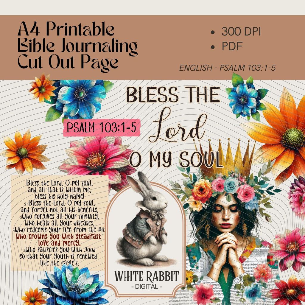 Bible Journaling of Psalm 103:1-5 | Christian Art, Colorful Floral Crown (Digital Download)