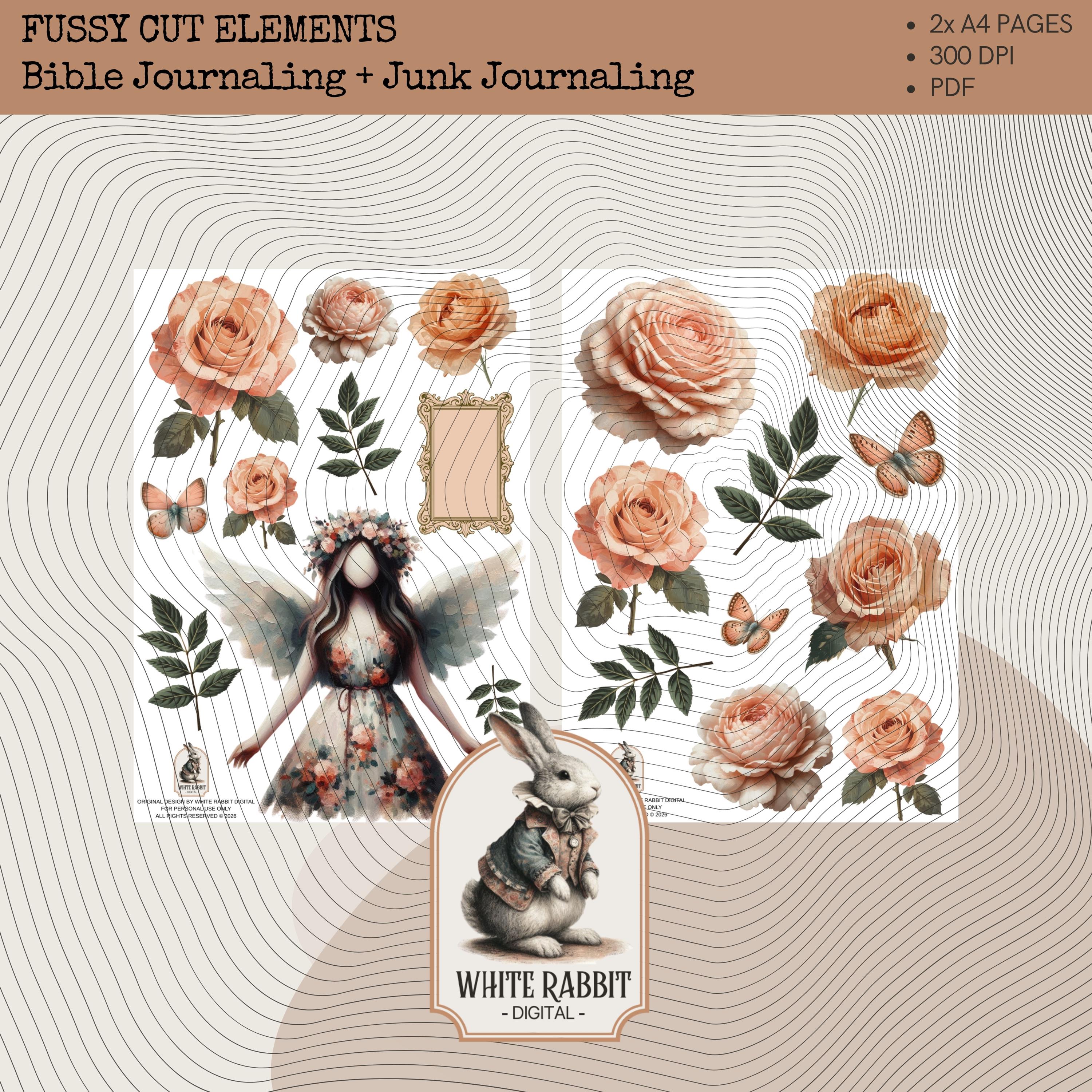 Clip Art for Bible Journaling - Fussy Cut Elements Junk Journaling - Vintage Roses Faceless Lady