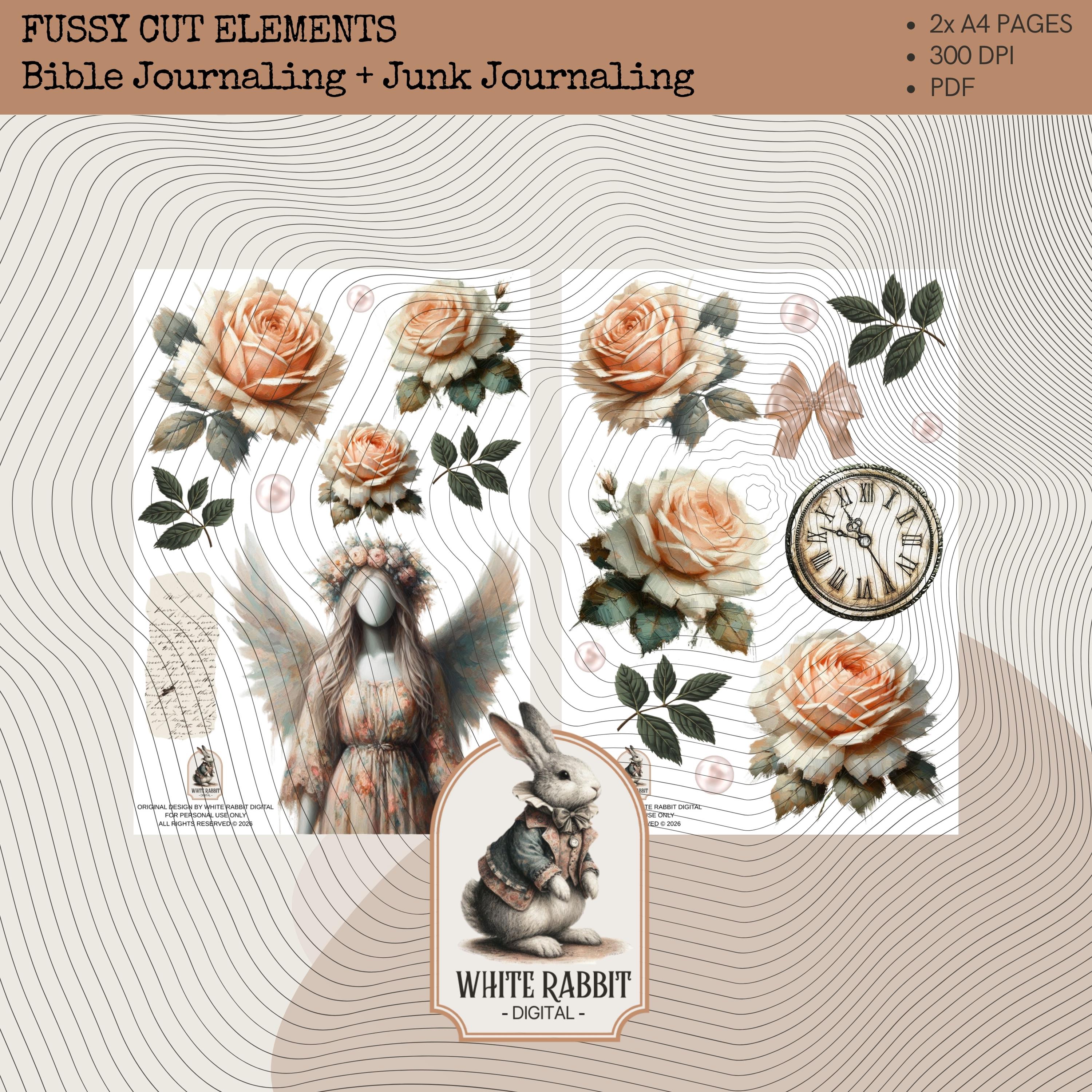 Clip Art - Bible Journaling - Fussy Cut Elements - Junk Journaling - Vintage Peach Roses Faceless Angel