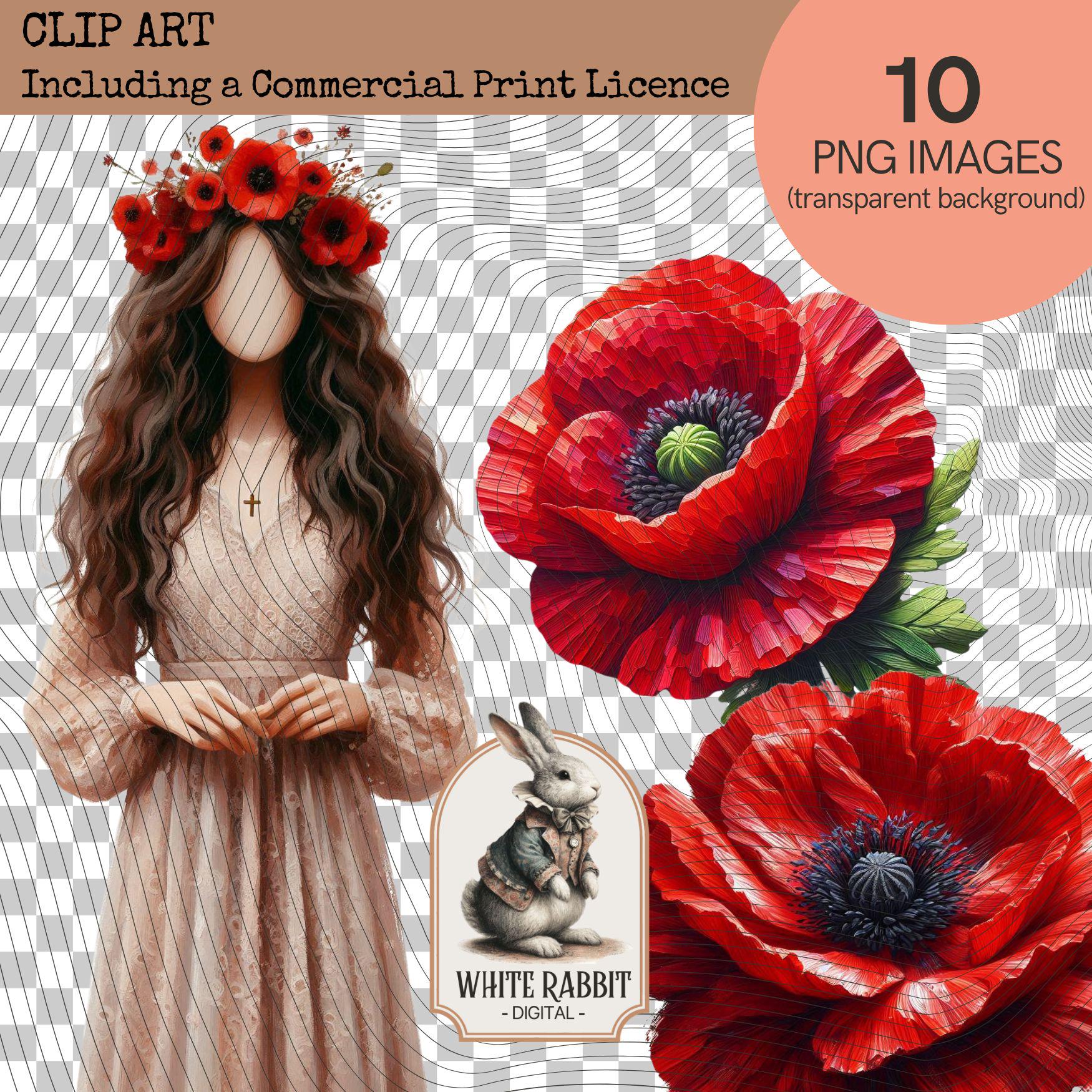 Red Poppies and Faceless Art Ladies - PNG Set with Transparent Background - Commercial Print Licence