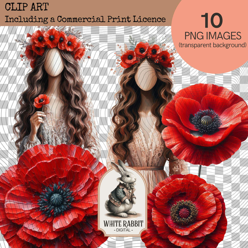 Red Poppies and Faceless Art Ladies - PNG Set with Transparent Background - Commercial Print Licence