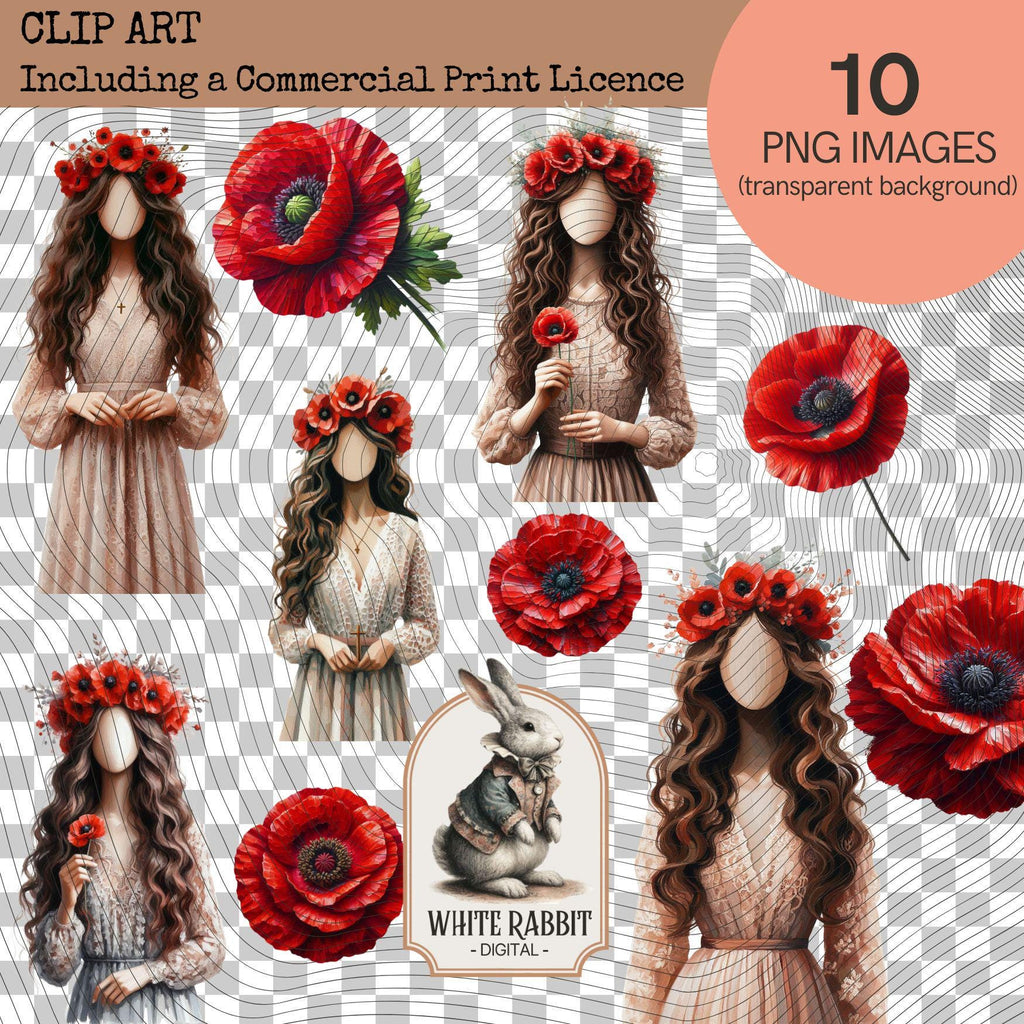 Red Poppies and Faceless Art Ladies - PNG Set with Transparent Background - Commercial Print Licence