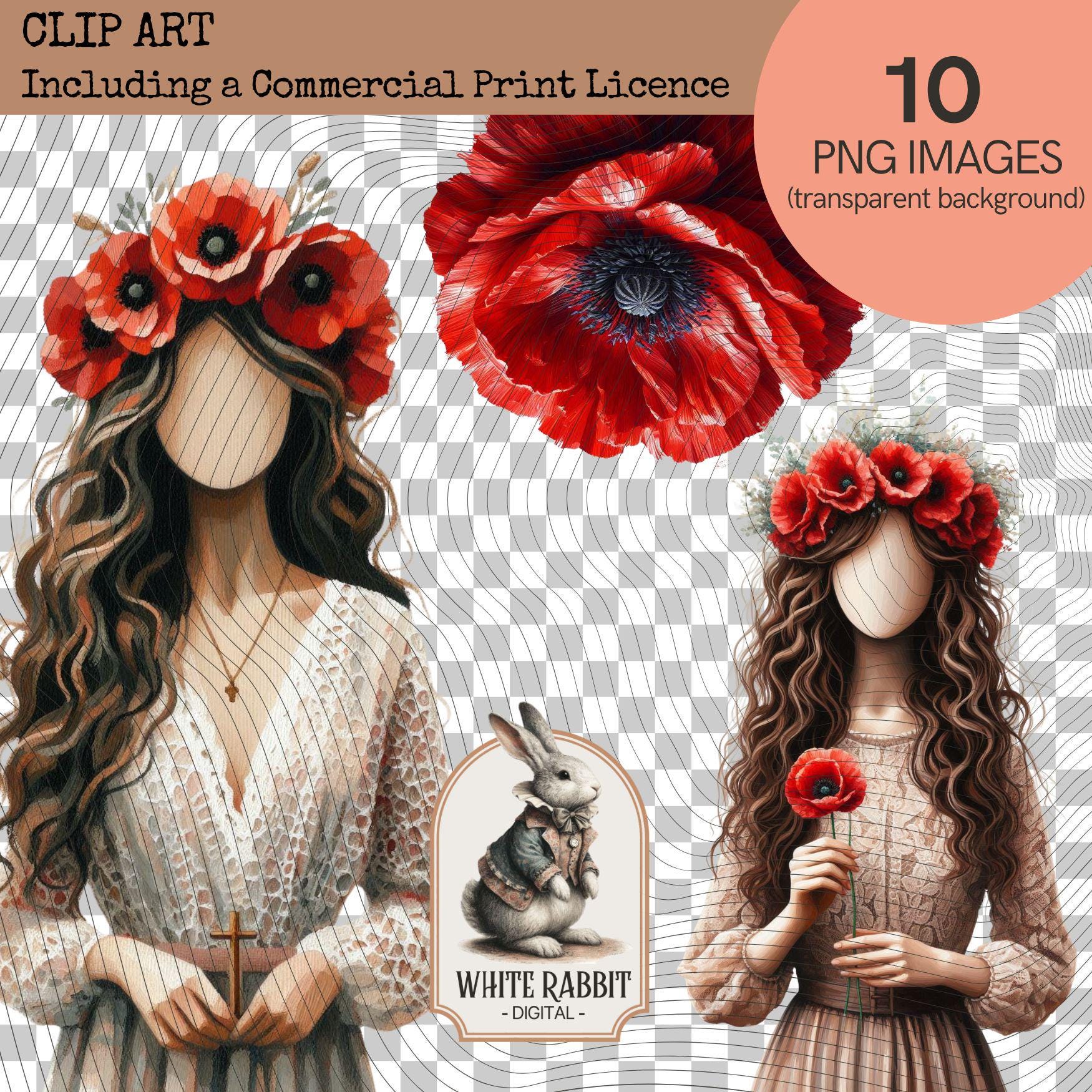 Red Poppies and Faceless Art Ladies - PNG Set with Transparent Background - Commercial Print Licence