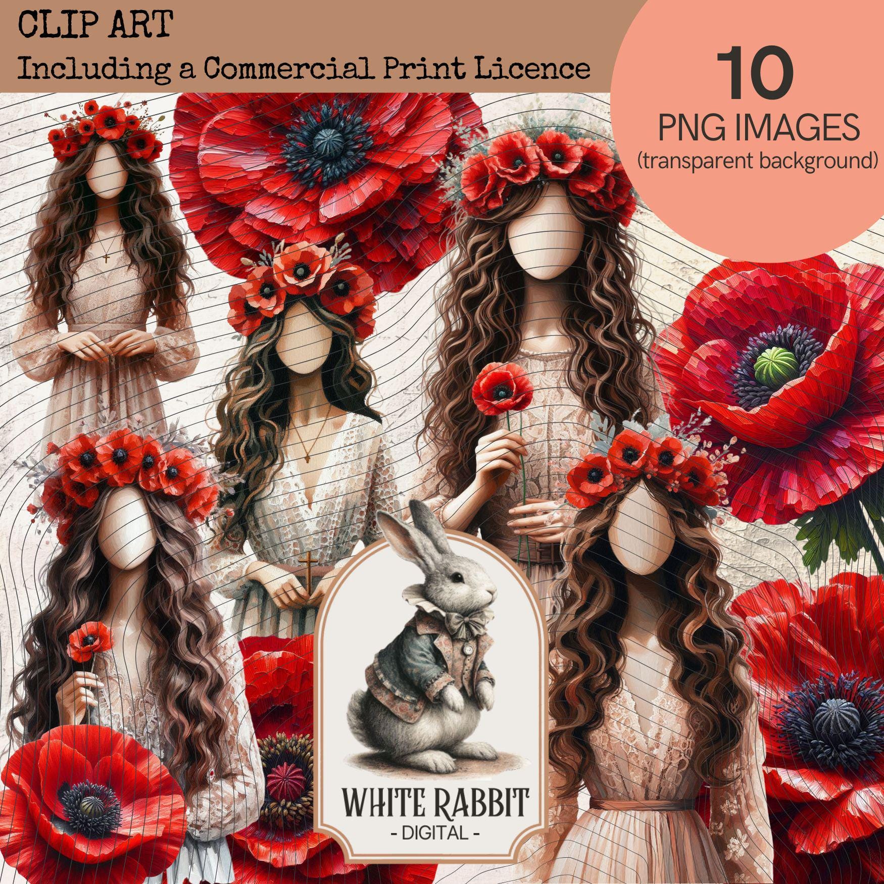 Red Poppies and Faceless Art Ladies - PNG Set with Transparent Background - Commercial Print Licence
