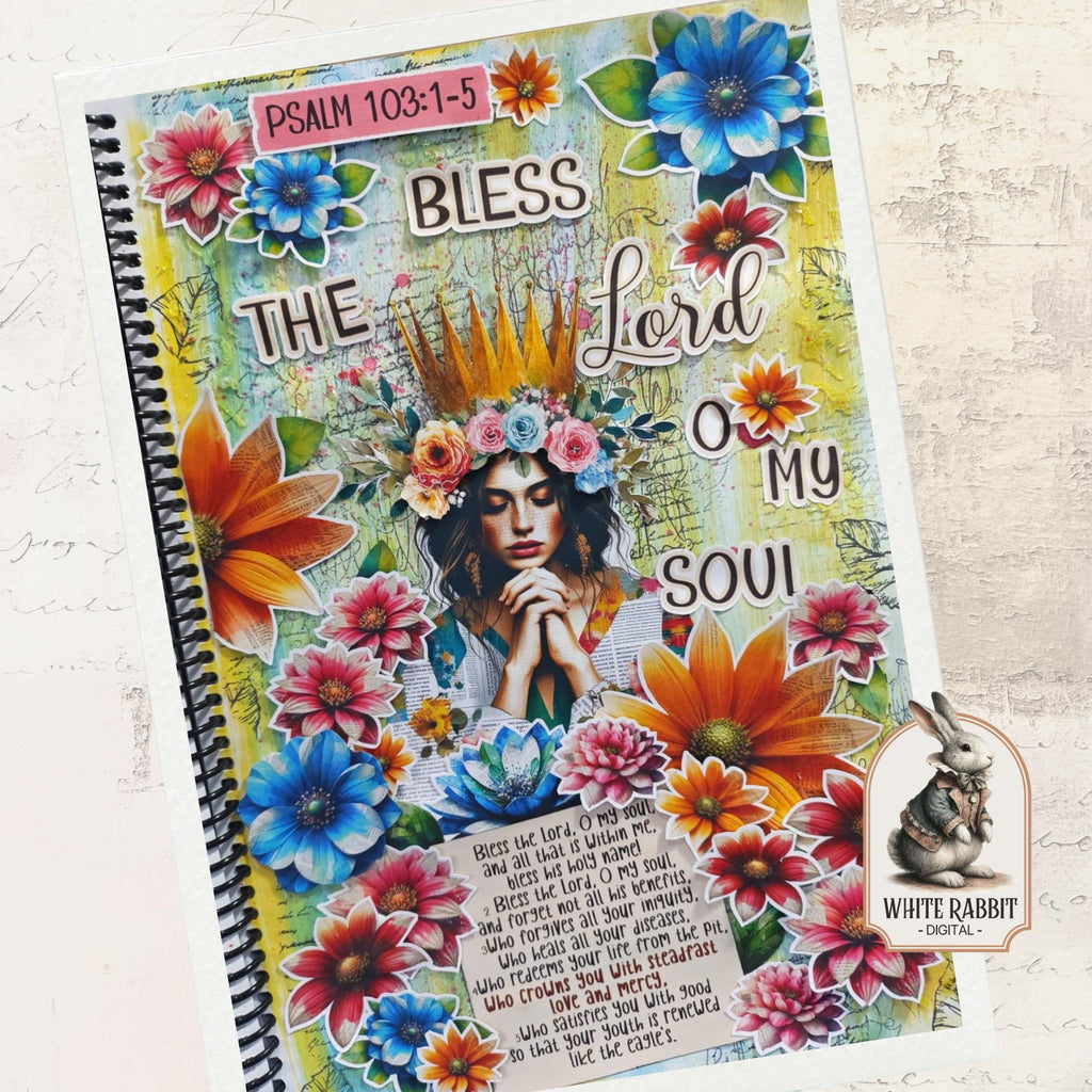 Bible Journaling of Psalm 103:1-5 | Christian Art, Colorful Floral Crown (Digital Download)