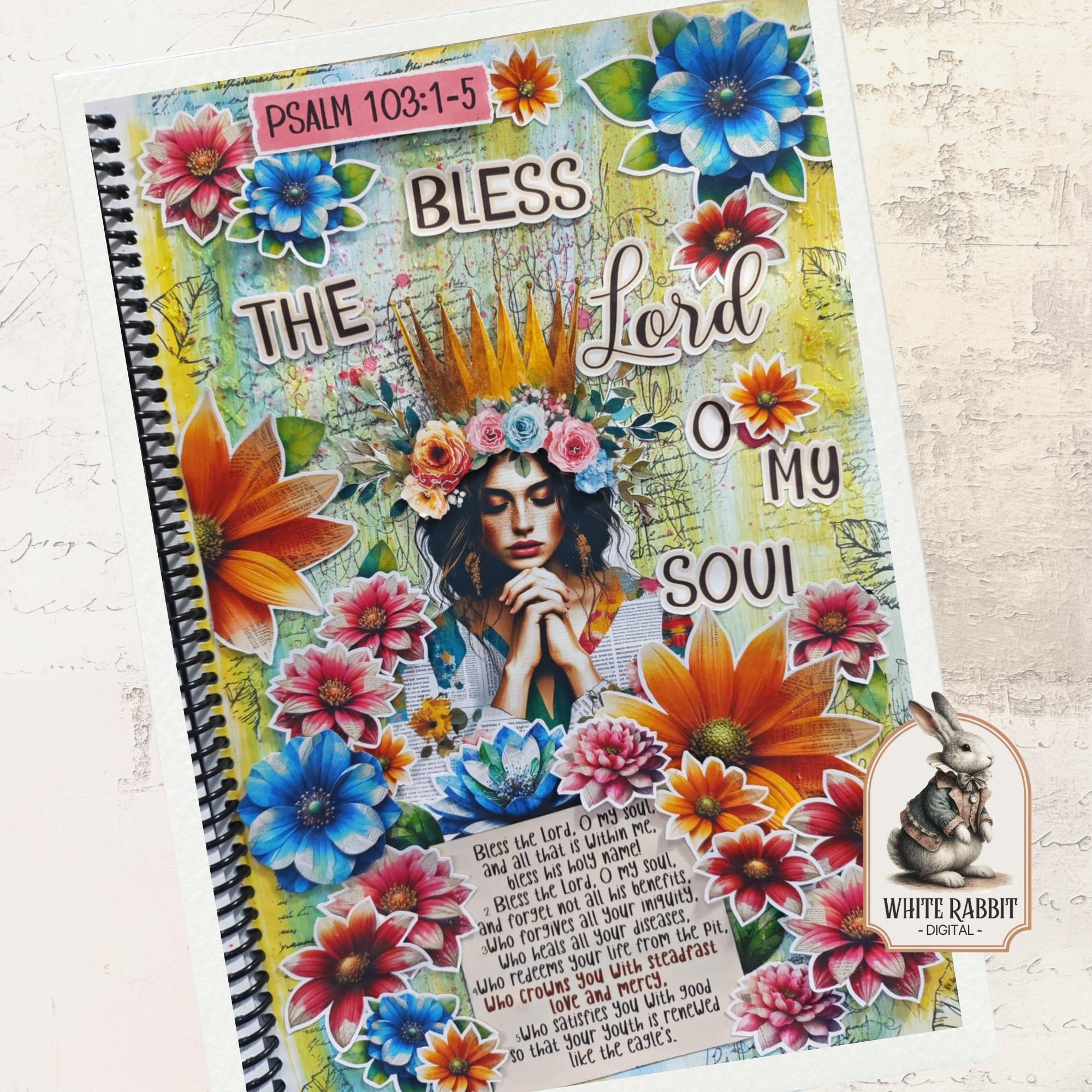 Bible Journaling of Psalm 103:1-5 | Christian Art, Colorful Floral Crown (Digital Download)