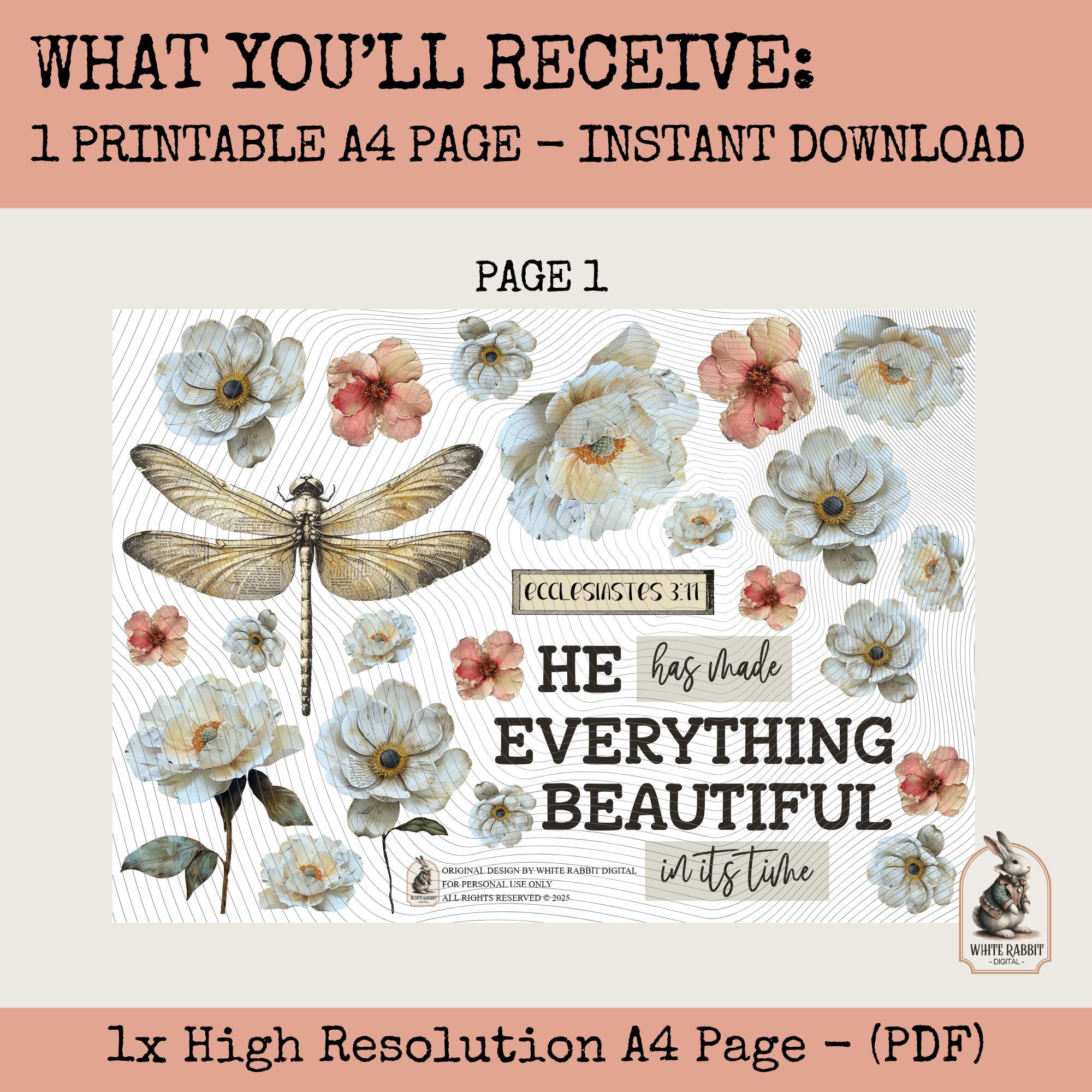 Dragonfly and Floral Bible Journaling Page | Ecclesiastes 3:11 | Instant Download (PDF)