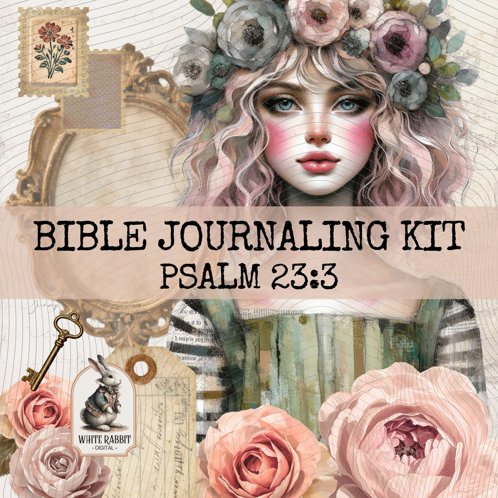 Vintage Floral Bible Journaling Kit | Psalm 23:3 Fussy Cut Elements (PDF)
