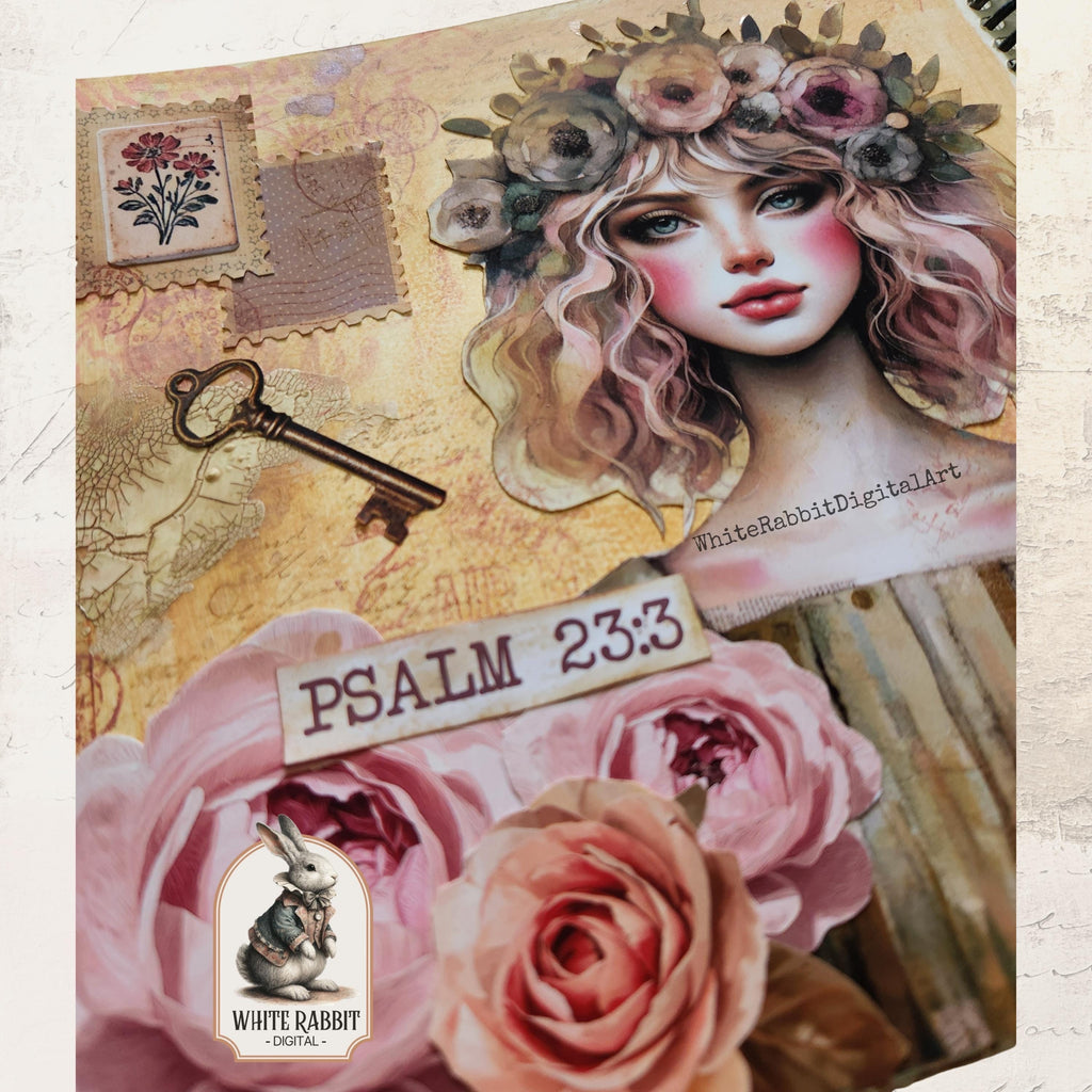 Vintage Floral Bible Journaling Kit | Psalm 23:3 Fussy Cut Elements (PDF)