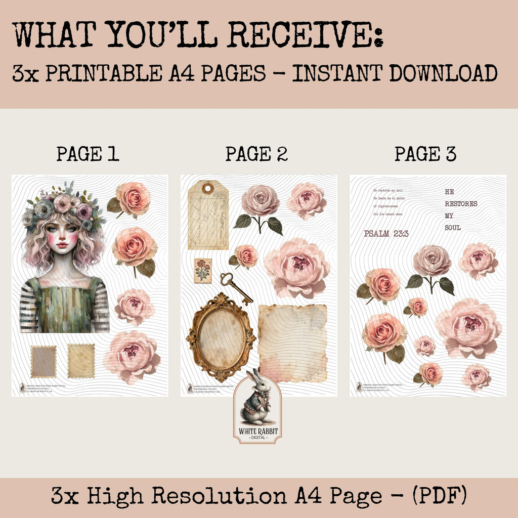 Vintage Floral Bible Journaling Kit | Psalm 23:3 Fussy Cut Elements (PDF)