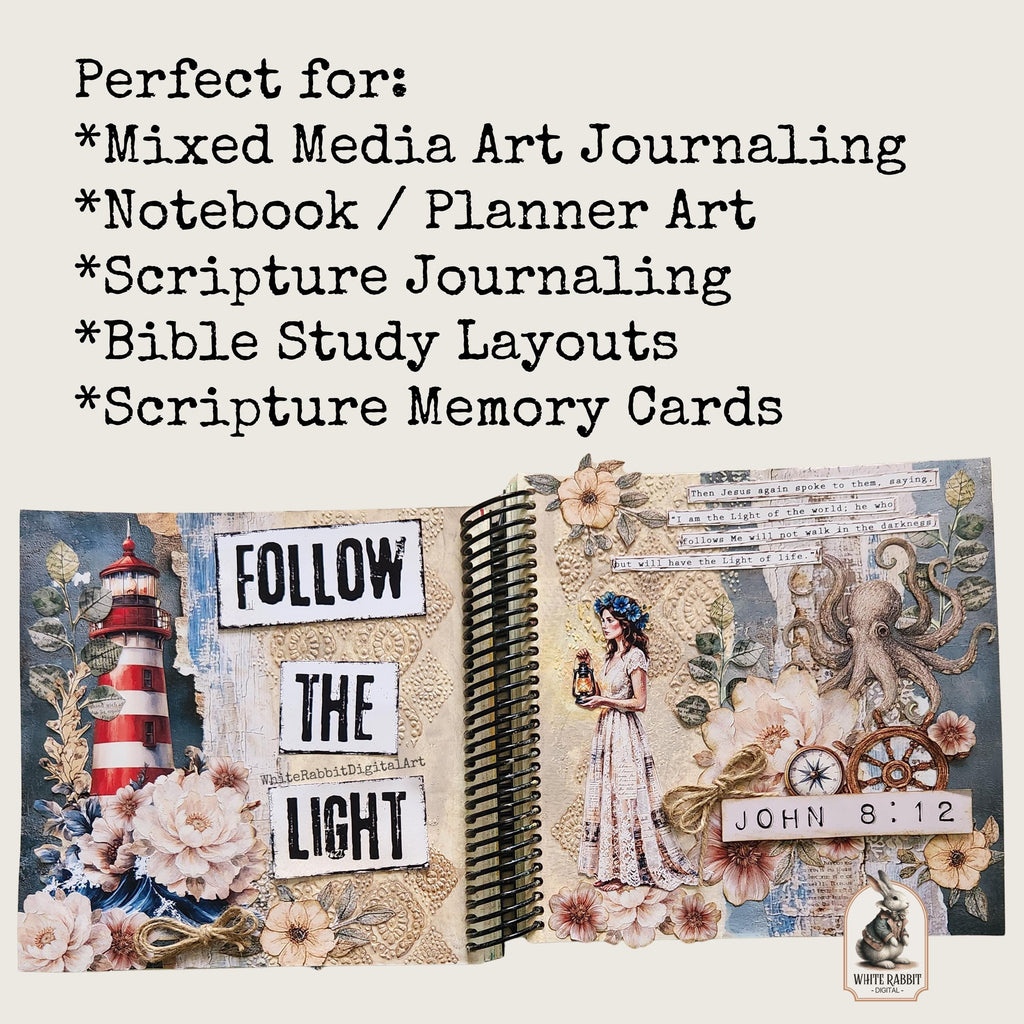 Vintage Lighthouse Bible Journaling Kit | John 8:12 | Follow the Light | Fussy Cut Elements (PDF)