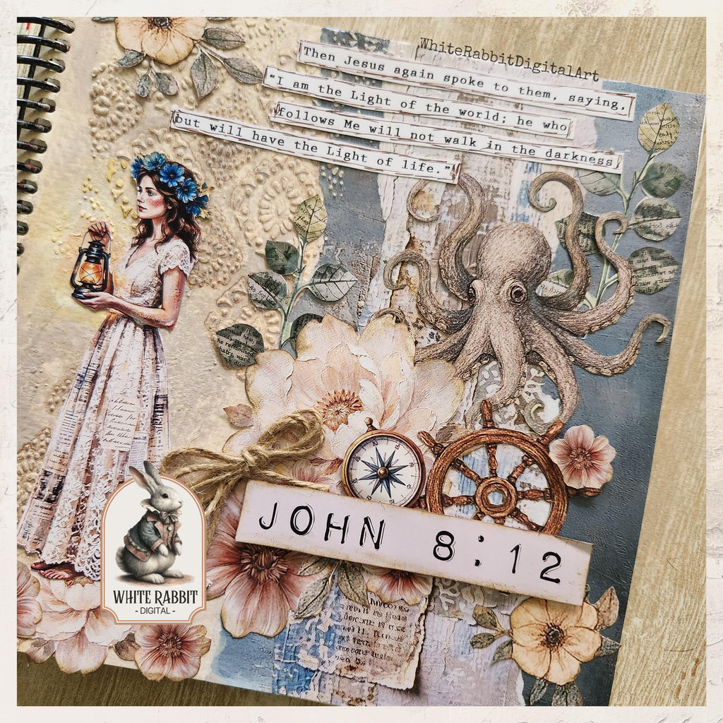 Vintage Lighthouse Bible Journaling Kit | John 8:12 | Follow the Light | Fussy Cut Elements (PDF)