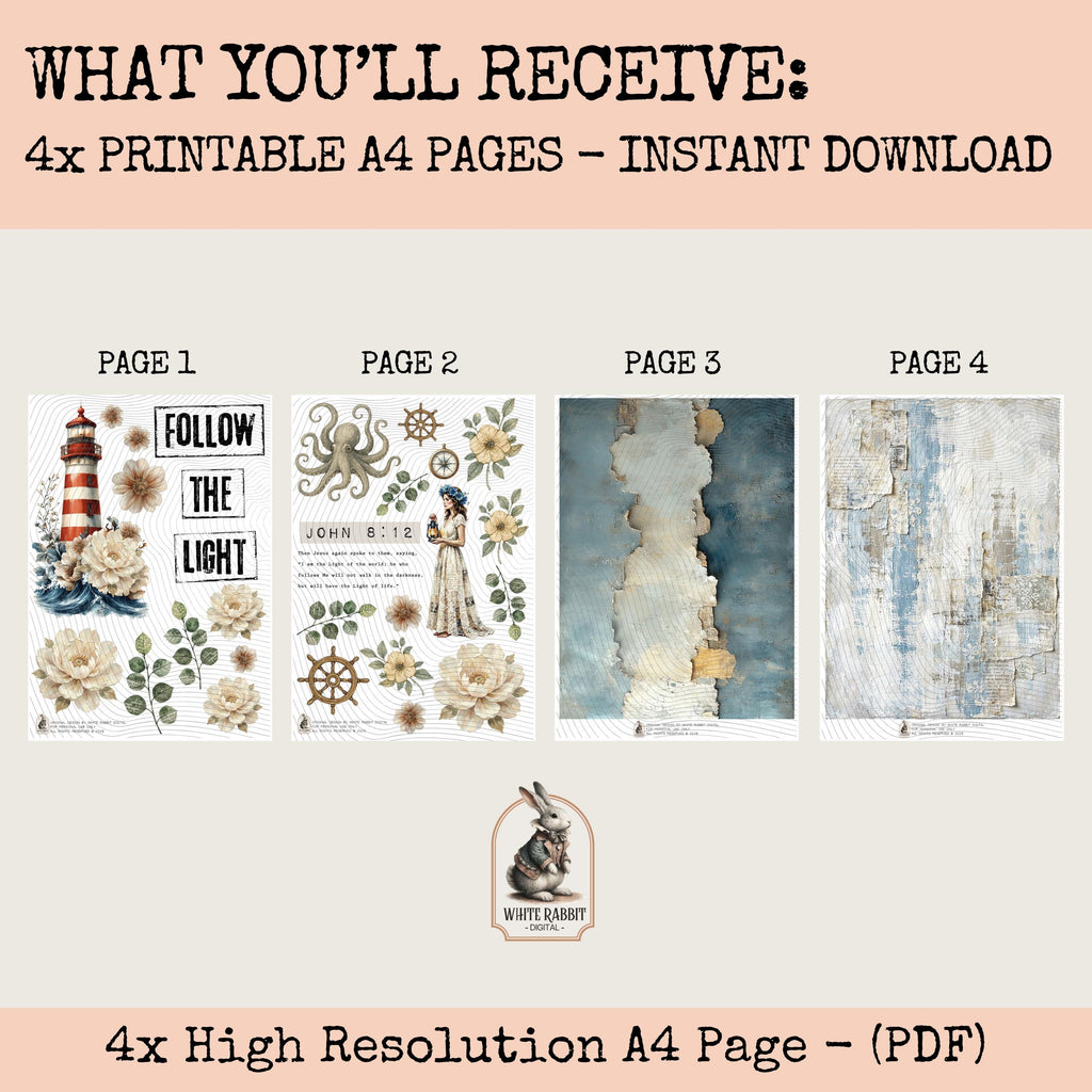 Vintage Lighthouse Bible Journaling Kit | John 8:12 | Follow the Light | Fussy Cut Elements (PDF)