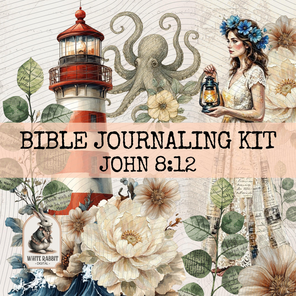 Vintage Lighthouse Bible Journaling Kit | John 8:12 | Follow the Light | Fussy Cut Elements (PDF)